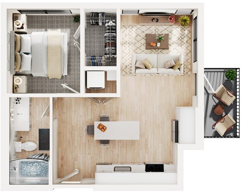 Floor plan for 1 bed, 1 bath, 569 sqft